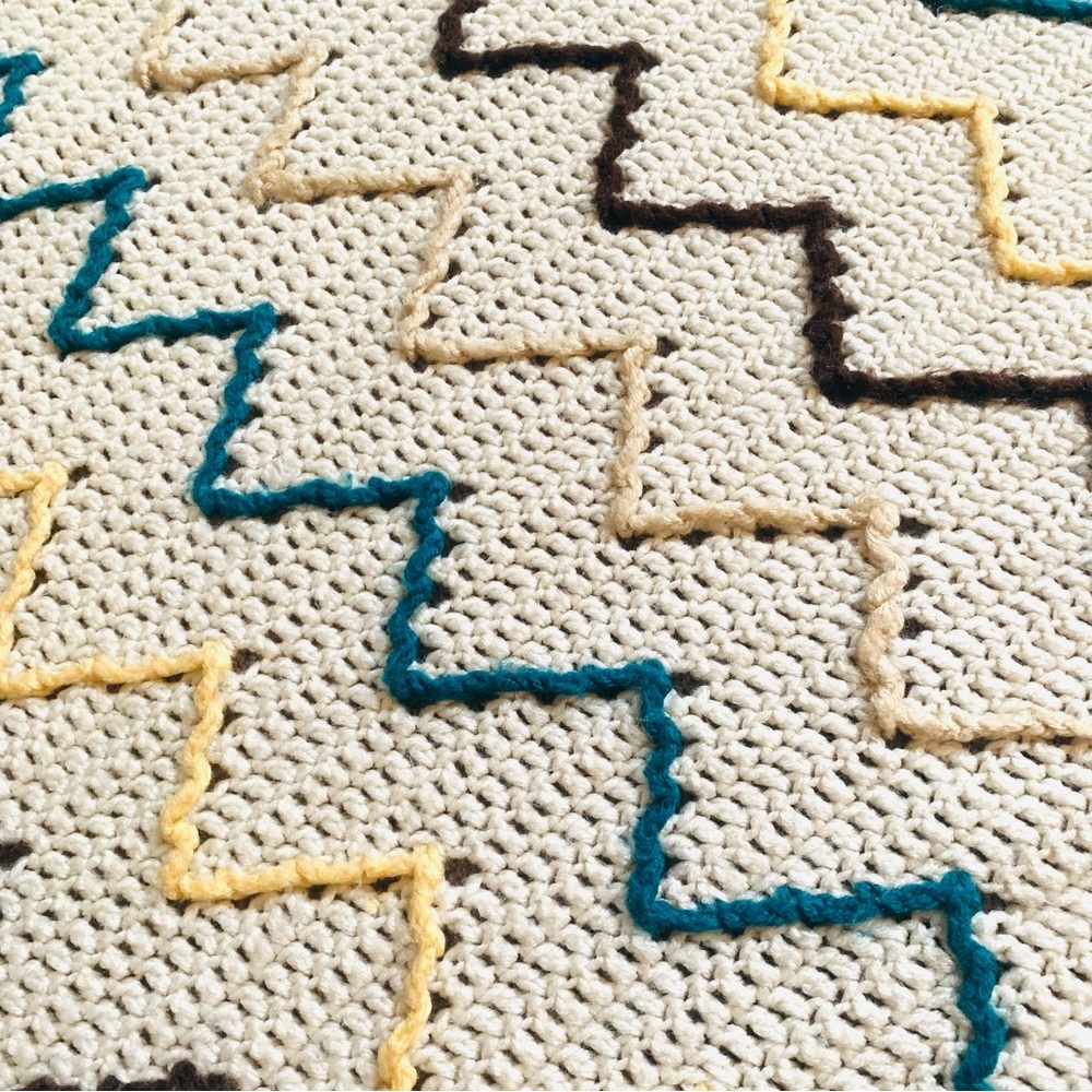 Vintage Handmade Crochet Afghan Throw Blanket Zig Zag Cream Teal Brown 59”x75” - Picture 3 of 8